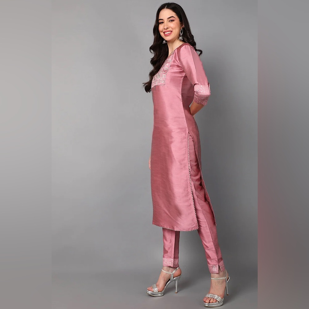 Pink Slit Kurti with Trousers and Dupatta